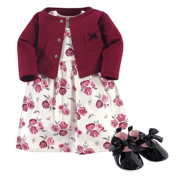 slide 1 of 1, Hudson Baby Infant Girl Cotton Dress, Cardigan and Shoe 3pc Set, Rose 0-3 Months - Rose