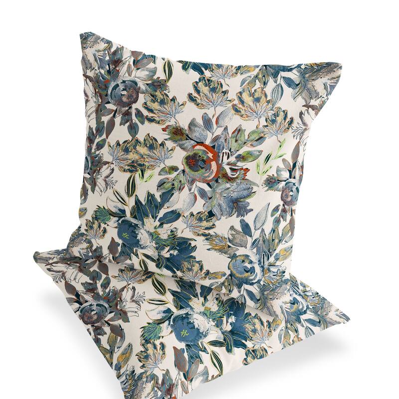 HomeRoots Set of Two 16" X 16" Blue and Green Blown Seam Floral Indoor Outdoor Throw Pillow - 16.00' X '16.00' X '5.00