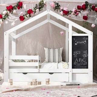 Full Size House Bed with Blackboard and Drawers,Two assembly options