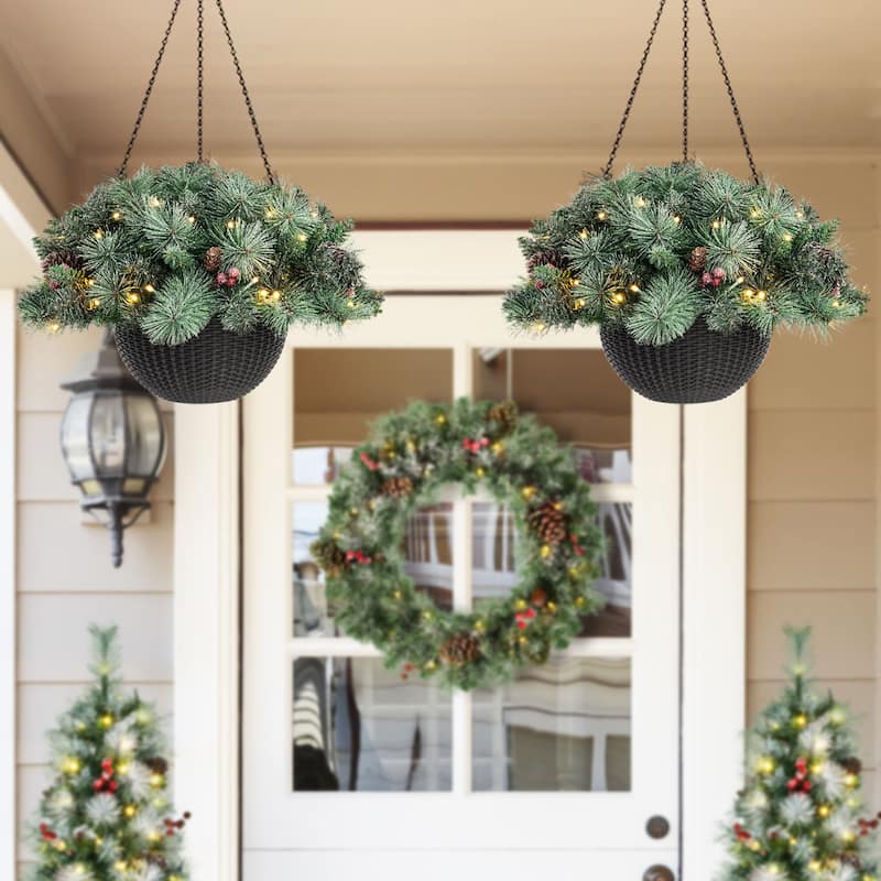 Glitzhome 2PK Pre-Lit Flocked Christmas Artificial Floral Hanging Baskets with Timer