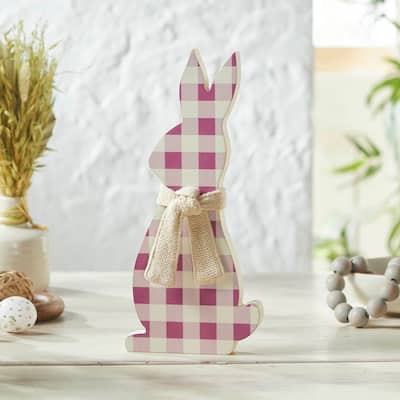 Bunny Hop MDF All Ears Lavender Check Bunny In Burlap Scarf 13x6x1