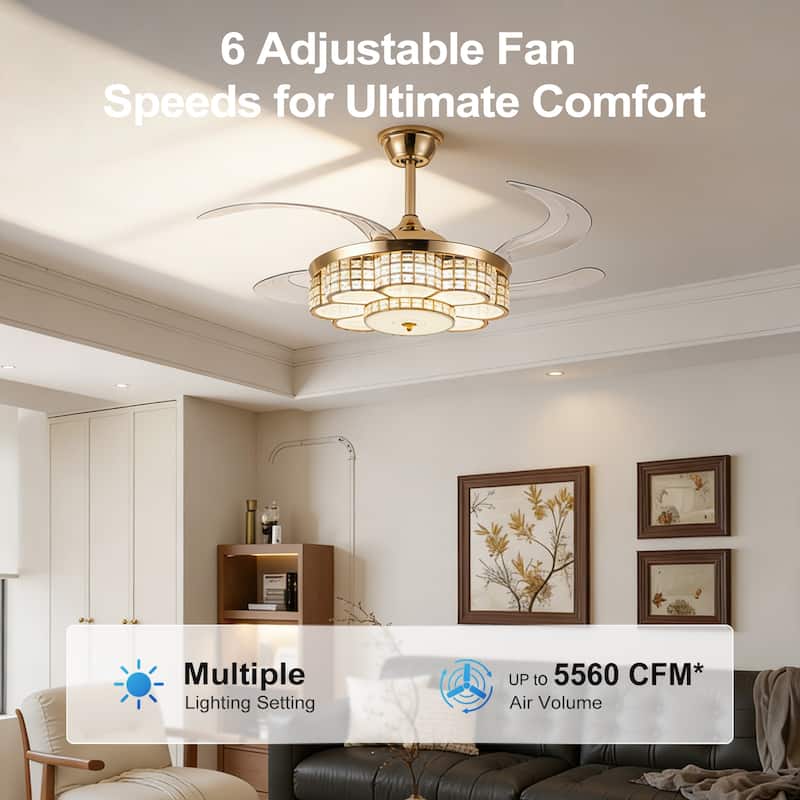 48" Crystal Chandelier Ceiling Fan with Light and Retractable Blades LED Dimmable DC Motor for Bedroom Living Room Kid's Room