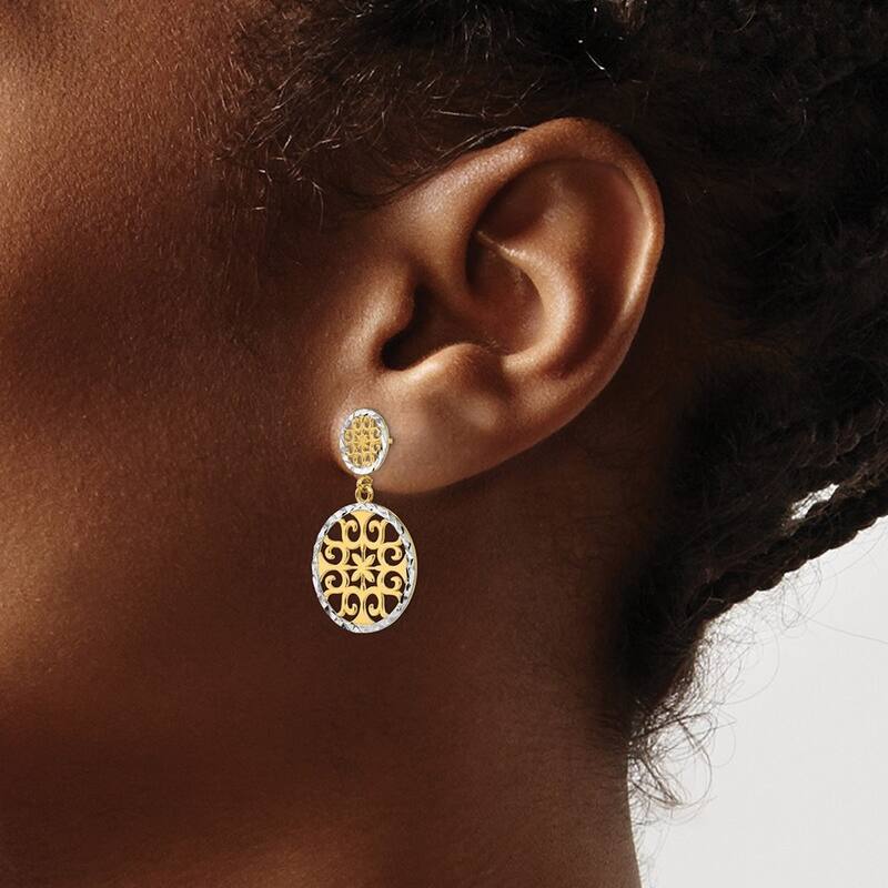 Curata 14k Yellow Gold 28x17mm Rhodium Filigree Double Circles Dangle Post Earrings