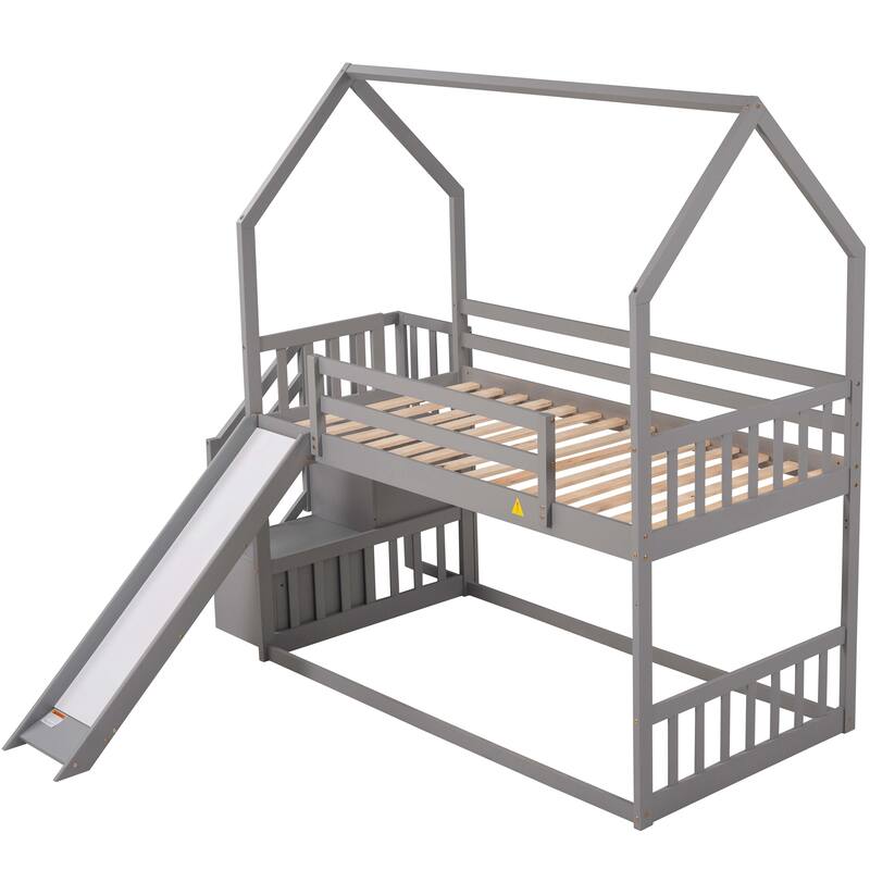 Roomfitters Twin over Twin House Bunk Bed with Convertible Slide and Reversible Storage Staircase