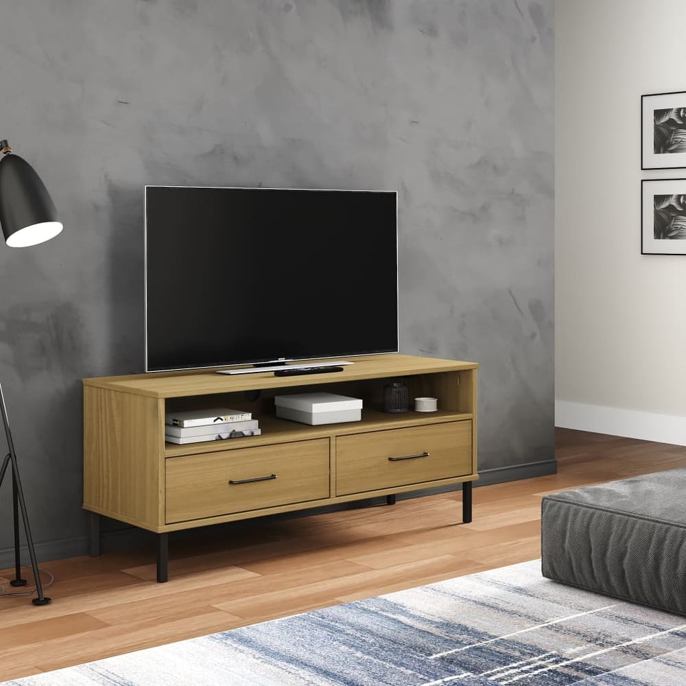 vidaXL TV Stand TV Console TV Console with Metal Legs Solid Wood Pine OSLO - 41.7" x 15.7" x 18.3"
