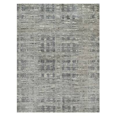 Shahbanu Rugs Ash Gray, Hand Spun, Modern Design, Undyed Natural Wool, Hand Knotted, Oriental Rug (9'1"x12'1") - 9'1"x12'1"