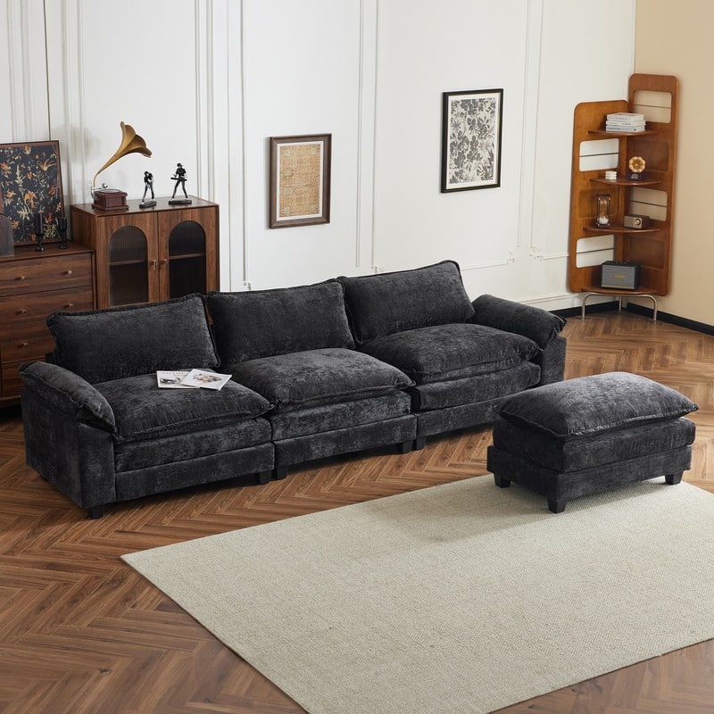 Double Layer Cushion Cloud Couch, Moludar Sofa With Reversible Ottoman For Living Room