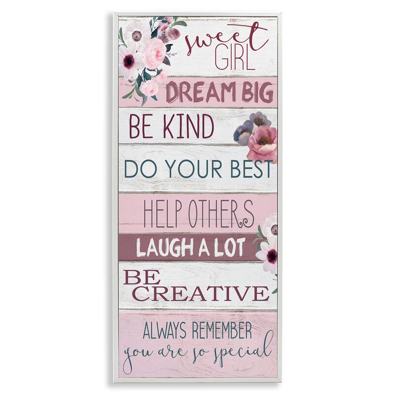 Stupell Sweet Girl Inspirational Phrases Soft Pink Florals Framed Wall Art - 10 x 24 - White