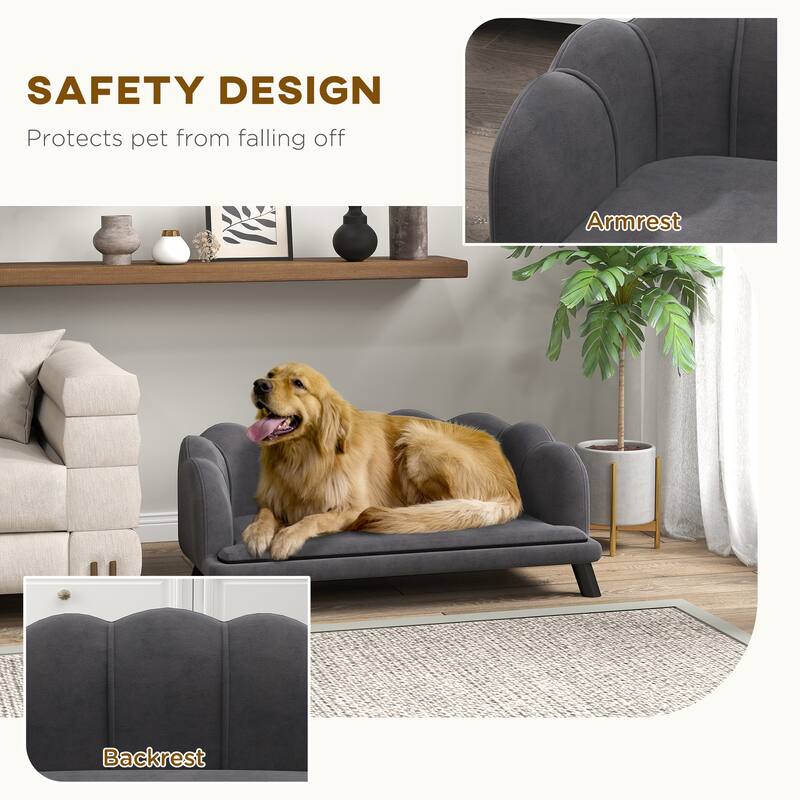 Charcoal Grey Velvet Birch Wood Pet Sofa with Foam Cushion - 38.75" L x 23.75" W x 14" H
