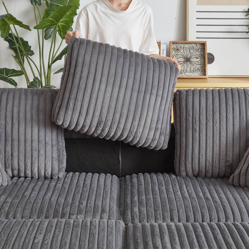 Deep Seat Sectional Loveseat Set with 2 Ottoman and 2 Pillows, Corduroy Chaise Lounge Bed with 2 Storage Spaces and Cupholding