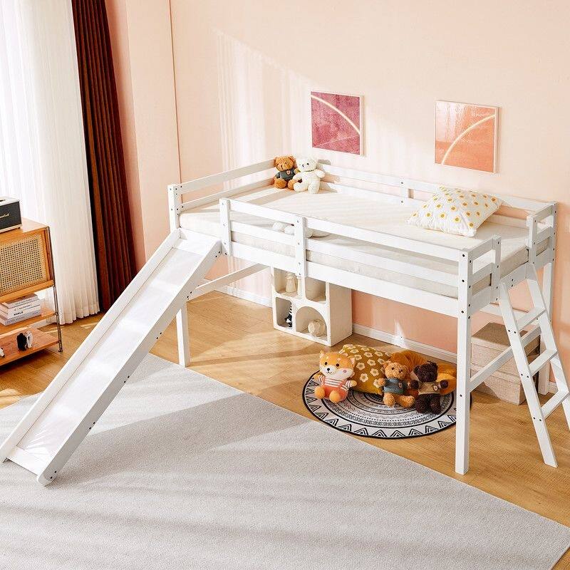 Loft Bed with Slide, Twin, Space Saving Kids Low Loft Bed with Guardrail and Ladder - White - Twin