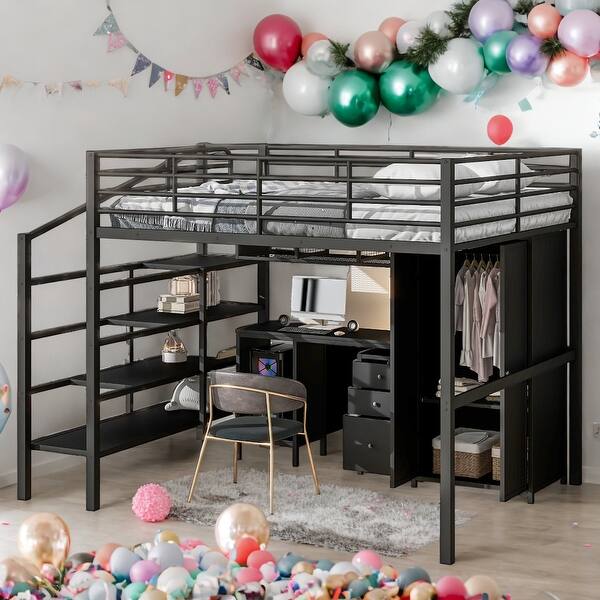slide 2 of 10, Contemporary Full Metal Loft Bed With Table Set and Large storage Wardrobe, Sturdy Construction & Safety Guaranteed, Black Black