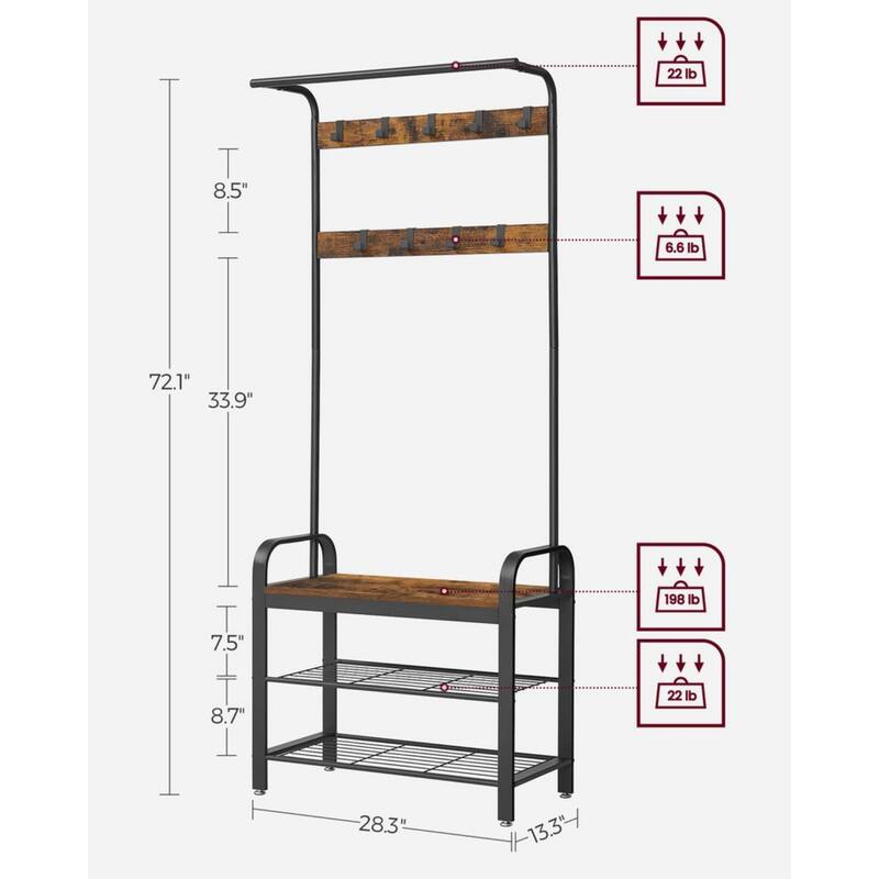 72" Tall Rustic Brown Hall Tree with Shoe Bench Coat Rack Hanging Rod and Storage Shelves - 13.3"D x 28.3"W x 72.1"H