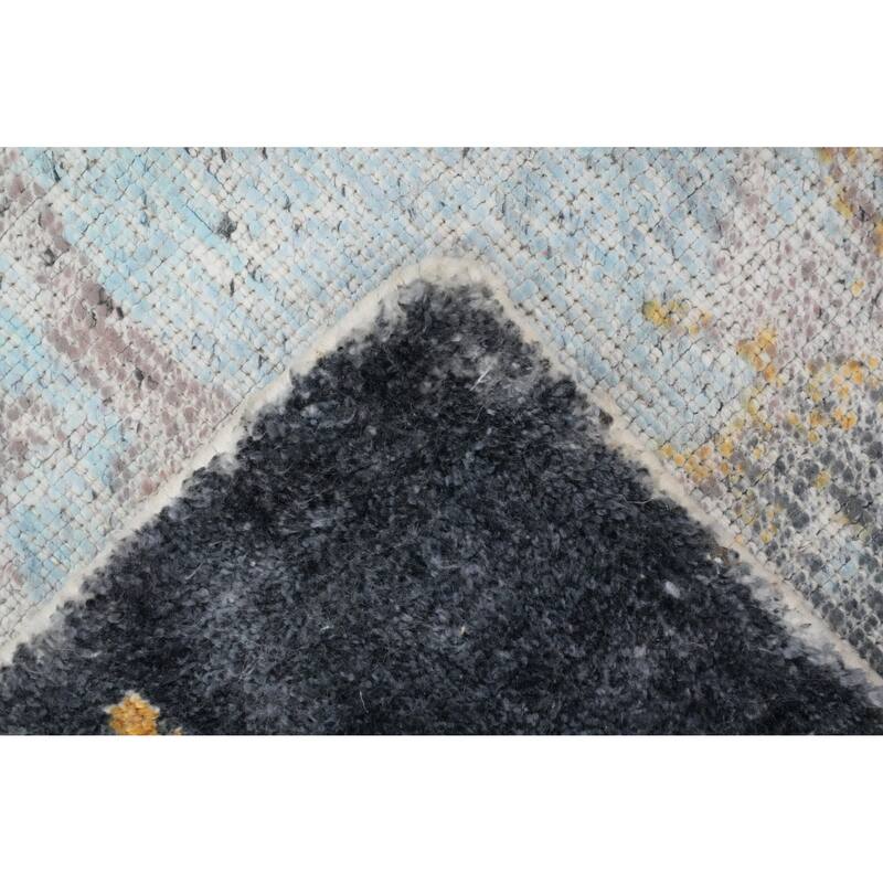 Hand Knotted Oriental Viscose Silk Carpet Modern Pictorial Navy Blue & Blues Abstract Area Rug - 7' 8'' X 5' 8''