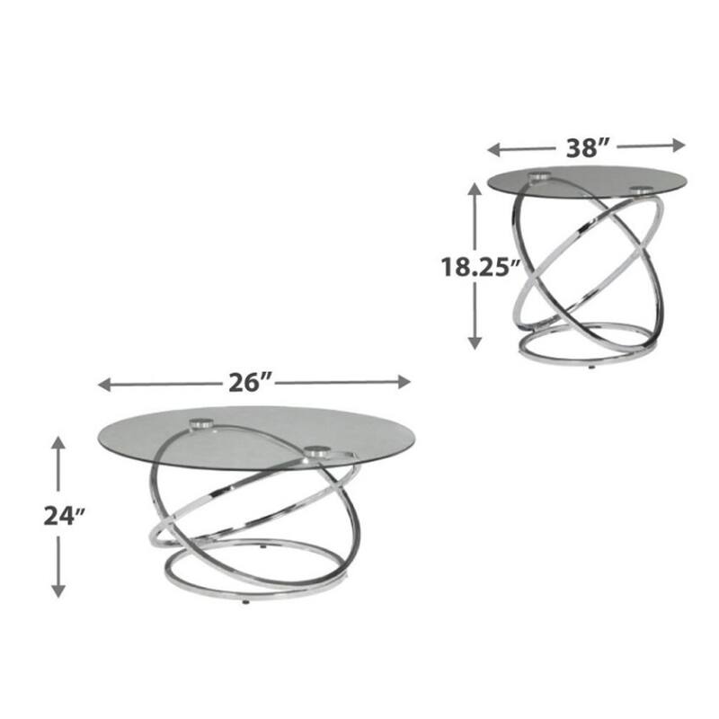 3-Piece Coffee and Side End Table Set | Round Glass Tops with Swirl Chrome Steel Bases | Silver