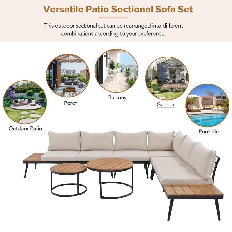 Beige 6-piece Acacia Wood Outdoor Sectional Sofa Set with Round Nesting Coffee Tables and Side Storage Shelf, Cushioned Seating