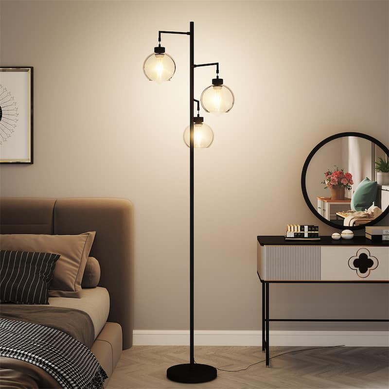 67" Tree-Shaped Living Room Floor Lamp with 3 Lights, Glass Lampshade and Foot Switch