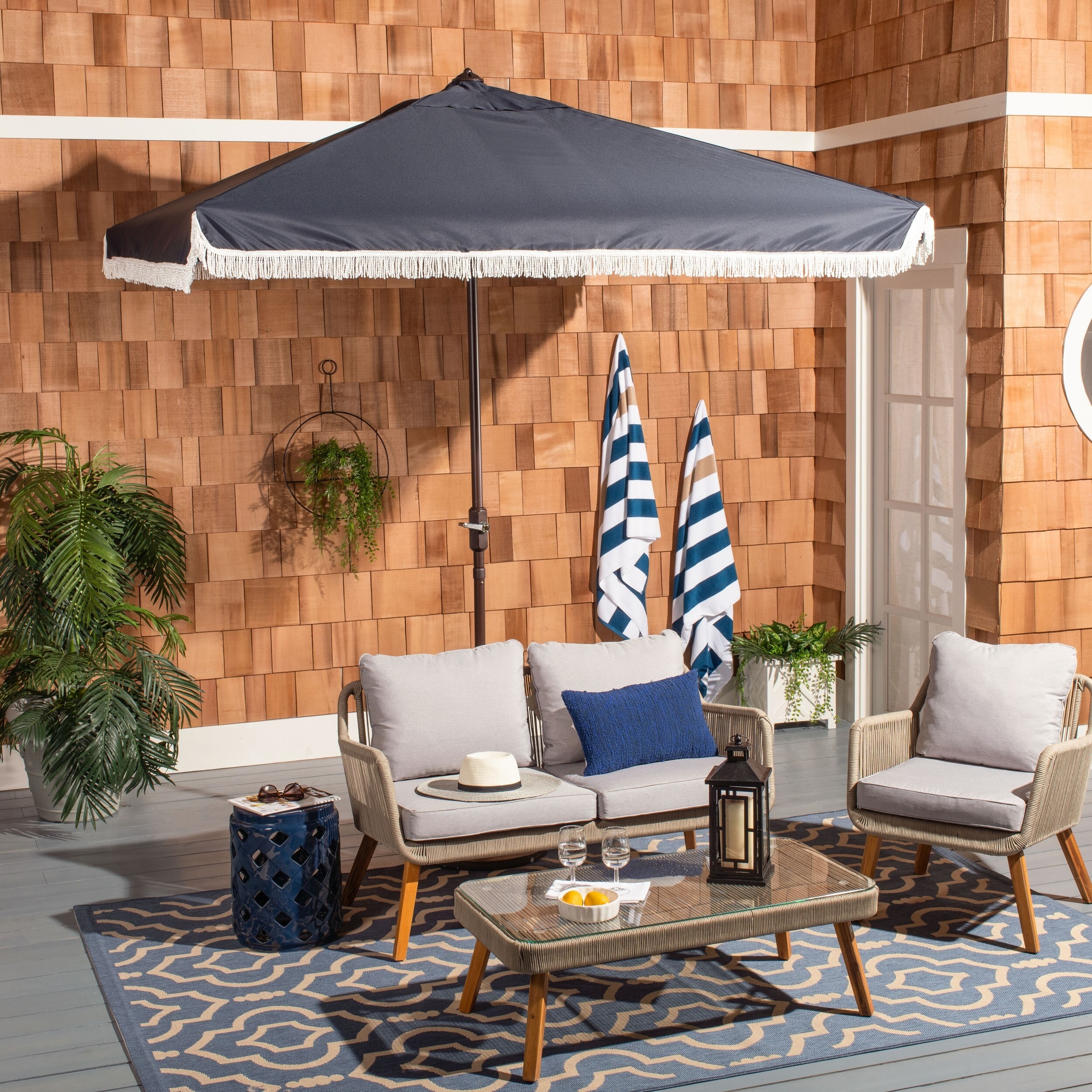 Shop Black Friday Deals On Safavieh Outdoor Living Milan Fringe 7 5 Ft Square Crank Umbrella Base Not Included On Sale Overstock 29848216 White