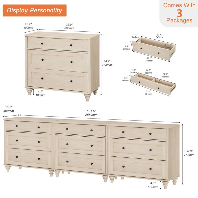 WAMPAT 3 Drawer Dresser ,Wood Storage Dresser for Bedroom