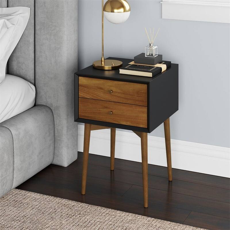 Harper Mid Century Oak Wood Nightstand with 2 Drawers - Black/Brown