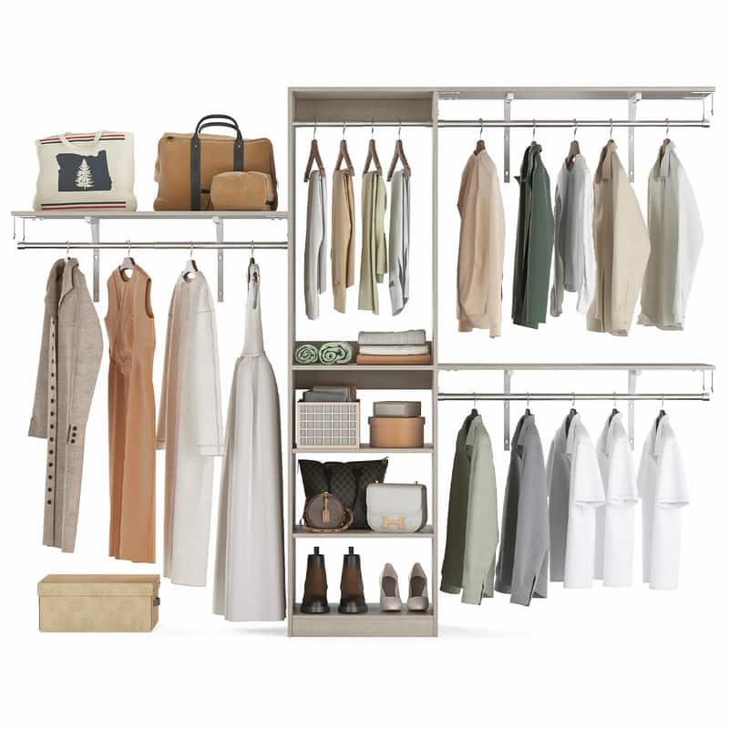 Heavy-Duty Wood Walk-In Closet Organizer - Adjustable Wardrobe System with 4 Hanging Rods & 5 Shelves for 8 ft Spaces - khaki
