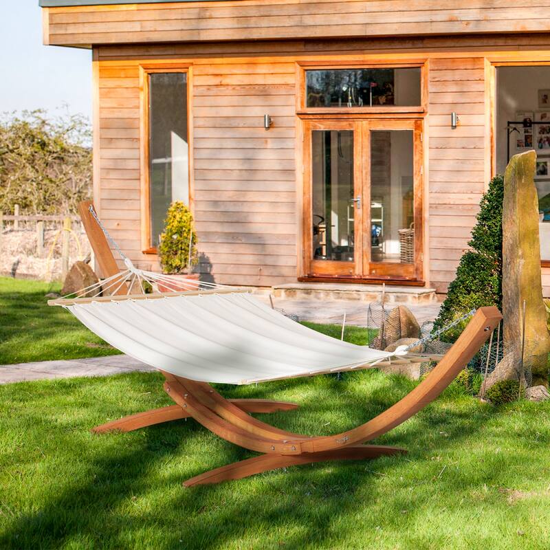 Outsunny 1-Person Hammock with Stand Set for Outside & Inside, 154" x 47" Wooden Frame, Cotton Fabric Bed, Safety Cords - White