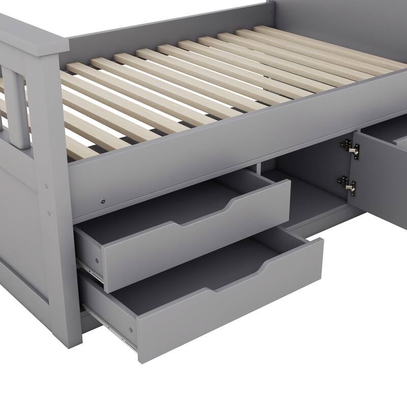 Twin Size Platform Bed with Storage, Bookcase Headboard, Four Drawers, Gray