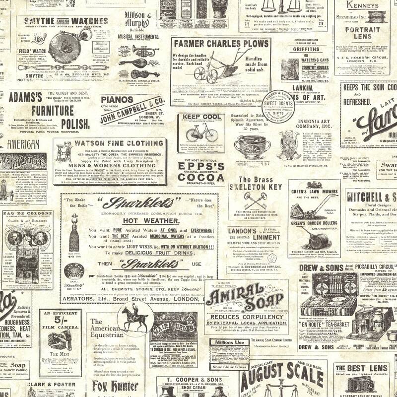 Americana Smith Adamstown Cream Vintage Newspaper 33' L X 20.5 W Wallpaper Roll