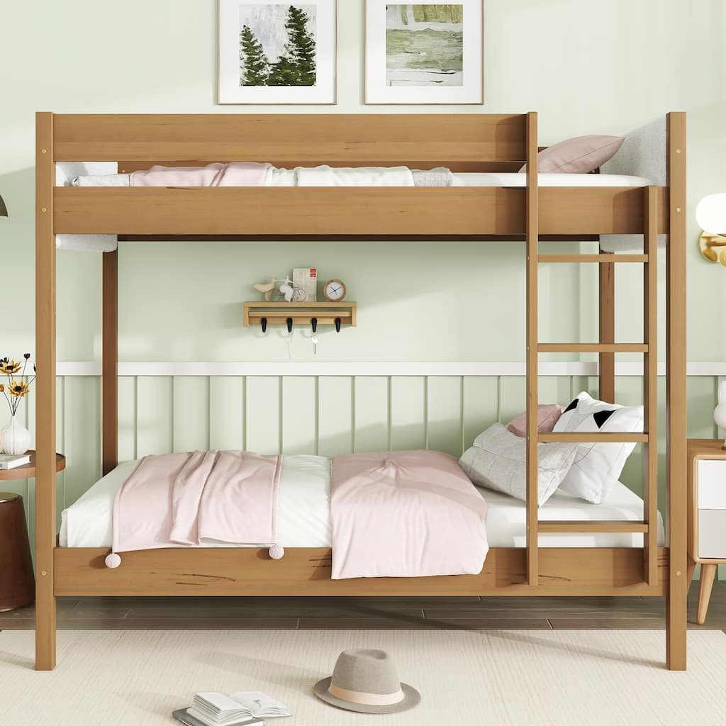 Rubber Wood Twin Bunk Bed Frame with Boucle Headboard and Footboard, Twin over Twin Wooden Bunk Bed with Ladder and Guardrails