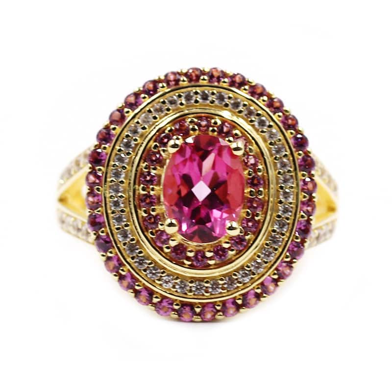 Yellow Over 925 Sterling Silver Pink Topaz,Rhodolite Garnet,White Natural Zircon Ring