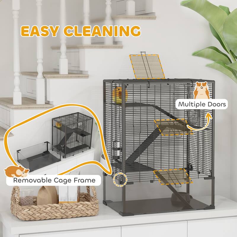 PawHut Large Hamster Cage with Deep Tempered Glass Bottom, 4 Tiers Hamster Tank with Running Wheel, Hut, Water Bottle, Black