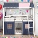 preview thumbnail 2 of 36, Playhouse Design Impression & Beautiful Full Size Bunk Wood House Bed with Elegant Windows, Sills and Tent