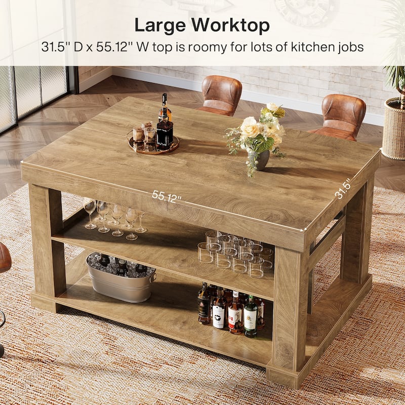 55-Inch Stationary Kitchen Island with Storage Shelves and Large Worktop, Farmhouse Style, Light Brown