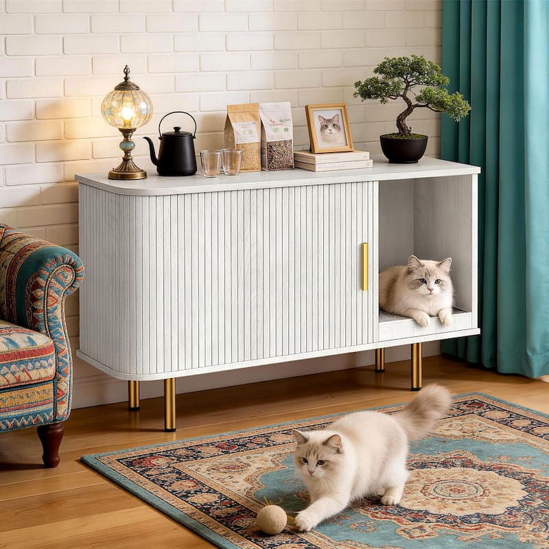 38.5" Cat Litter Box Enclosure with Scratch Pad and Sliding Door,Cat Hidden Litter Box Cabinet,Modern Indoor Cat House,TV Stand