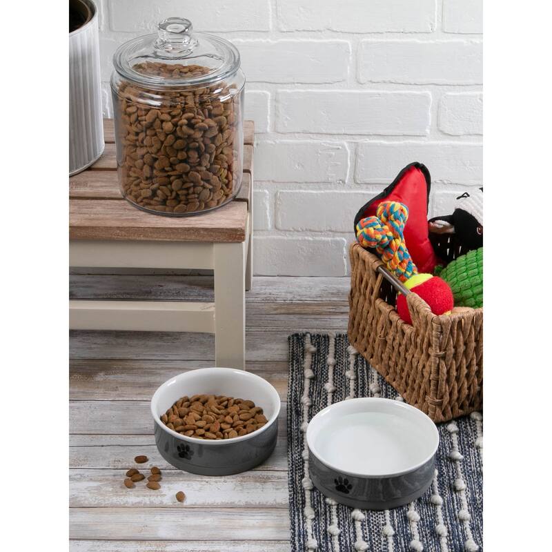 DII Pet Bowl Black Paw Print Gray Small 4.25dx2h (Set of 2)