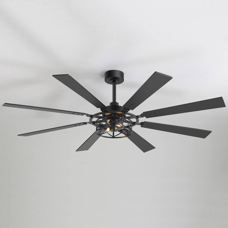 52"/65" Industrial Reversible Wood 5/8-Blade Cage Ceiling Fan with Light Kit and Remote