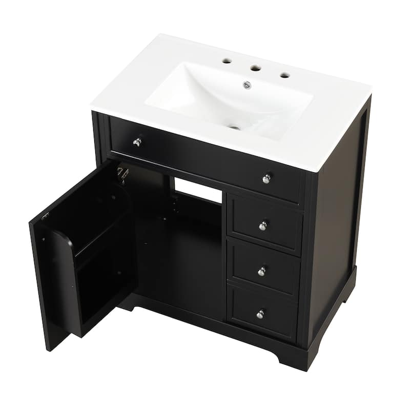 Modern 30-Inch Bathroom Vanity Cabinet with Ceramic Sink, 2 Drawers, and Door Shelf, White