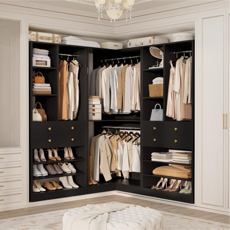 Set of 2/ 3 Coner Closet System with Shoe Racks and Drawers, Freestanding Closet Organizer with Hanging Rods and Shelves