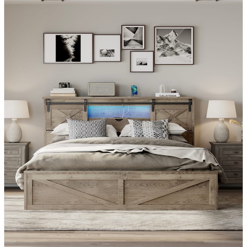 GDFStudio - Junie Rustic Wooden Bed Frame with LED Lights, Built-in Charging Station, 2 Underbed Drawers & No Box Spring Needed - Grey - King