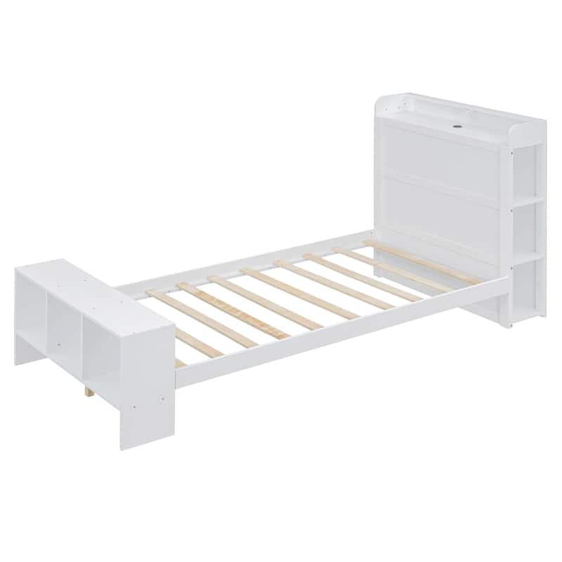 HomeRoots White Wood Twin Bed Frame With USB