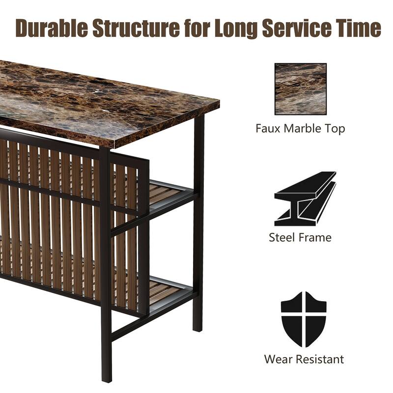 Grondin Mid-Century Modern 3-Piece Faux Marble Top Kitchen Island Set with 2 Stools and Shelves