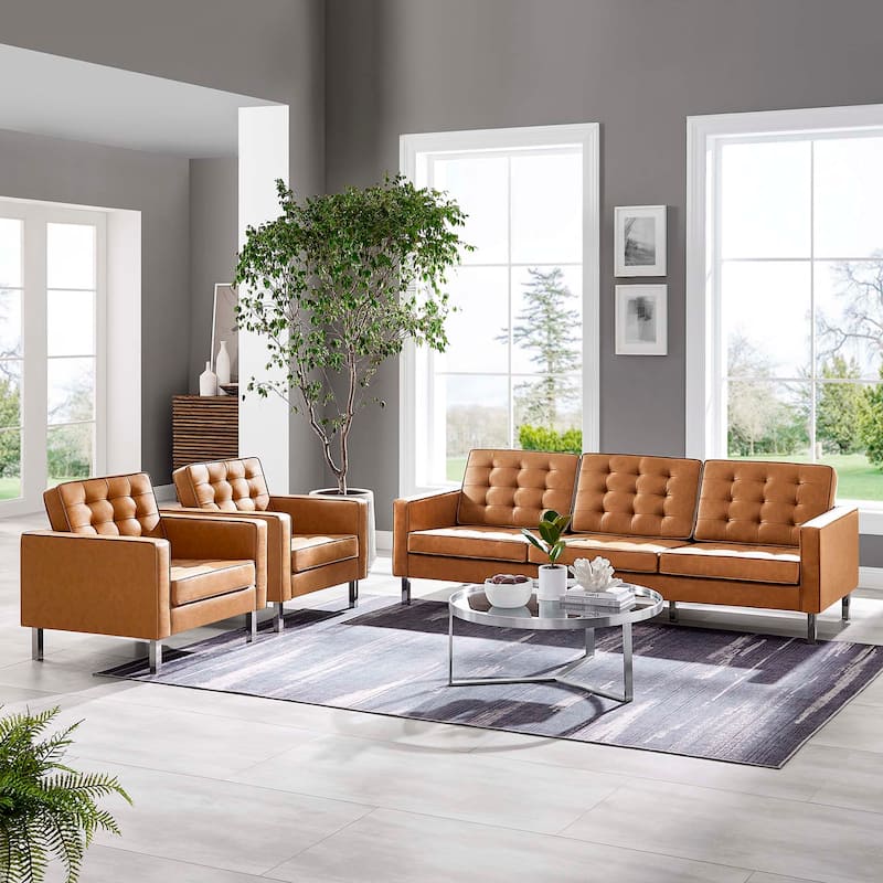 Loft Tufted Vegan Leather 3-Piece Furniture Set - Silver Tan