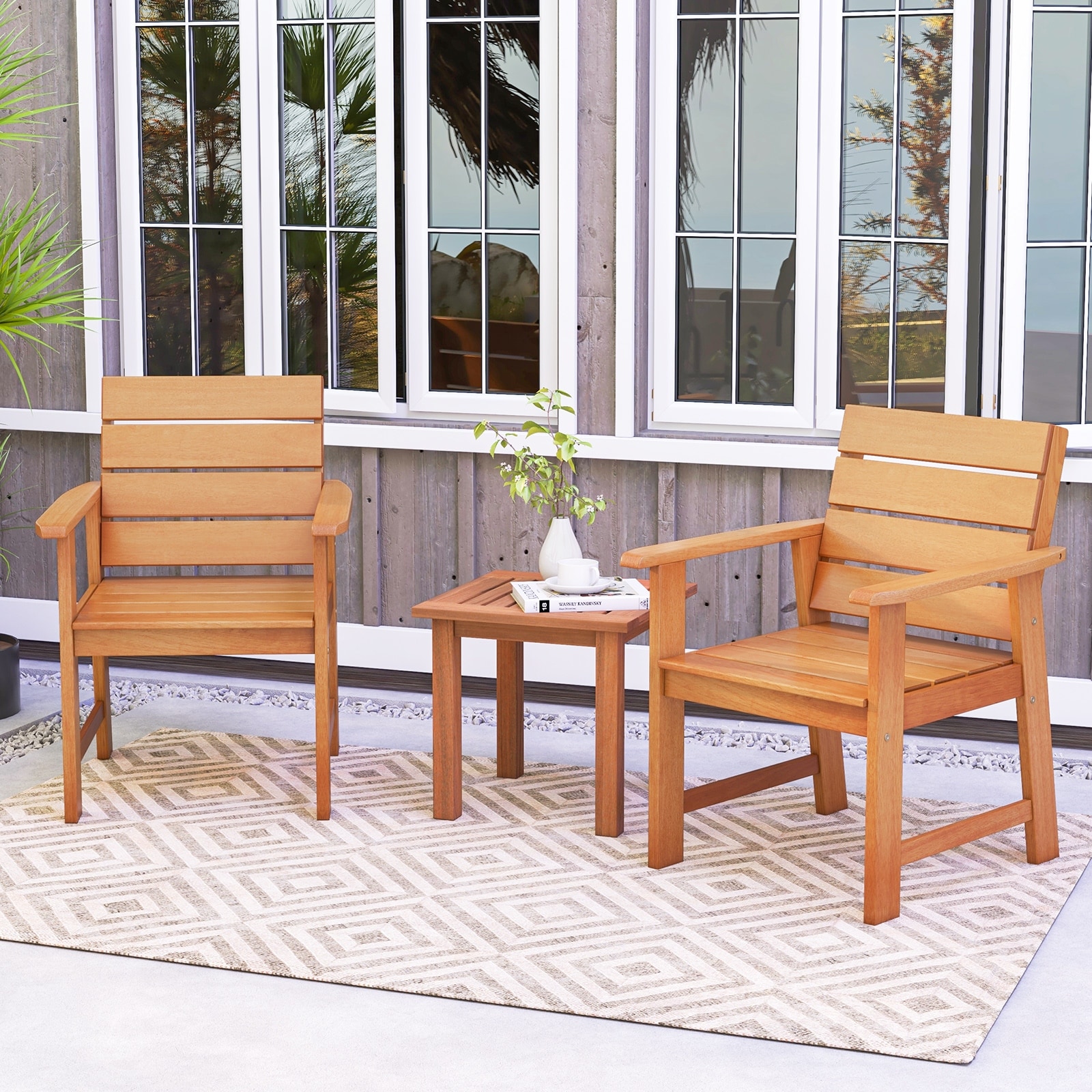 2 Piece Patio Hardwood Chair with Slatted Seat and Inclined
