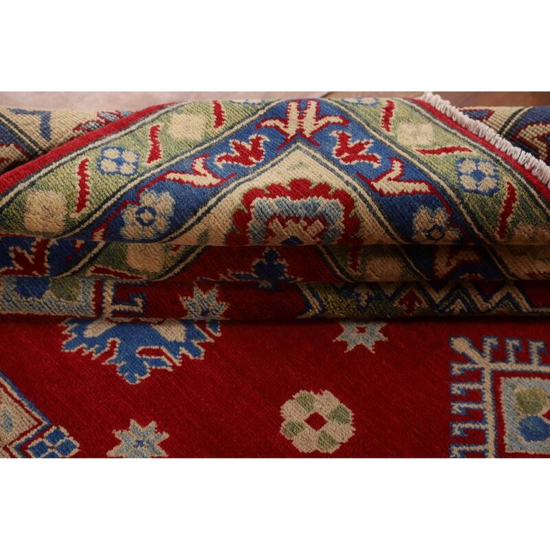 Geometric Red Kazak Oriental Area Rug Living Room Handmade Wool Carpet - 6'7" x 9'10"