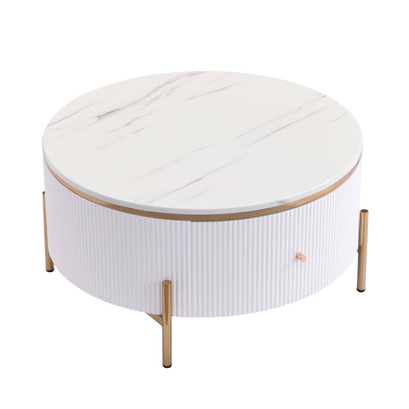 Roomfitters Modern Round Coffee Table with Storage, Gold Metal Legs, White Marble Top, 2 Hidden Compartments 31.5"
