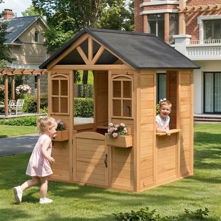 Kids Wooden Adventure Cottage Playhouse, Outdoor Playhouse with Functional Door, Windows, Service Station and Flower Pot Holders