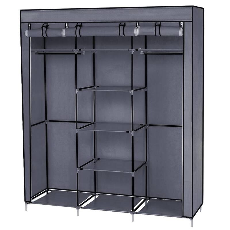 69" Portable Clothes Closet Non-Woven Fabric Wardrobe Double Rod Storage Organizer Gray