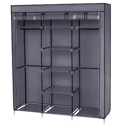 69" Portable Clothes Closet Non-Woven Fabric Wardrobe Double Rod Storage Organizer Gray