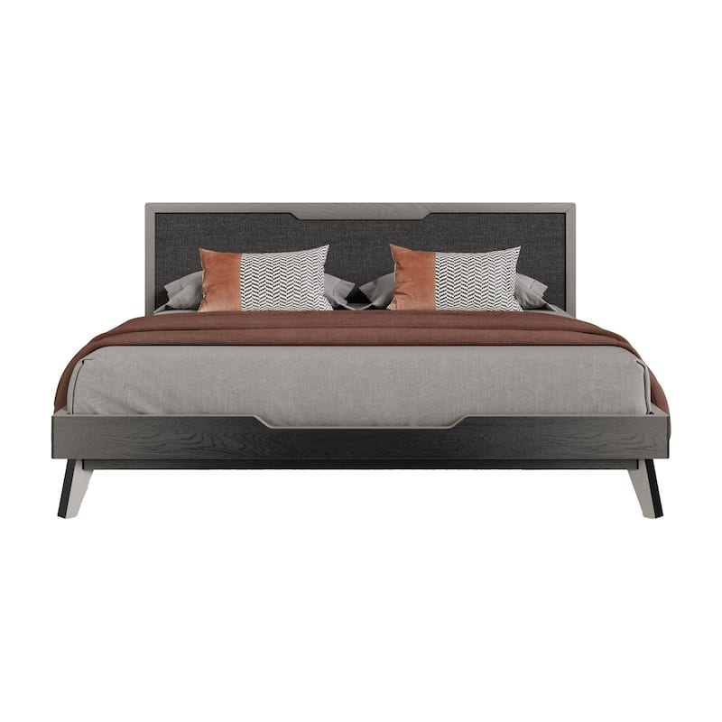 Kiran King Size Platform Bed, Gray Upholstered Headboard, Wood Frame
