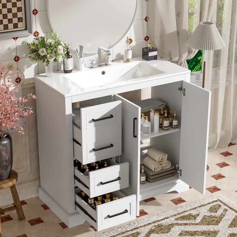 36" Modern Bathroom Vanity with Ceramic Sink, Soft-Close Door, Adjustable Shelf & 3 Drawers, Ample Storage, Elegant Design